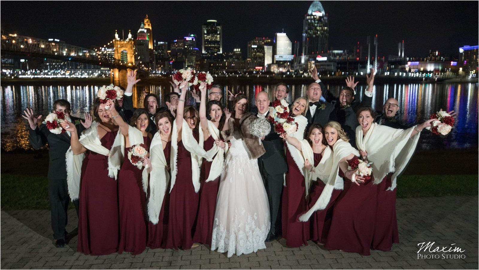 Cincinnati skyline wedding bridal party