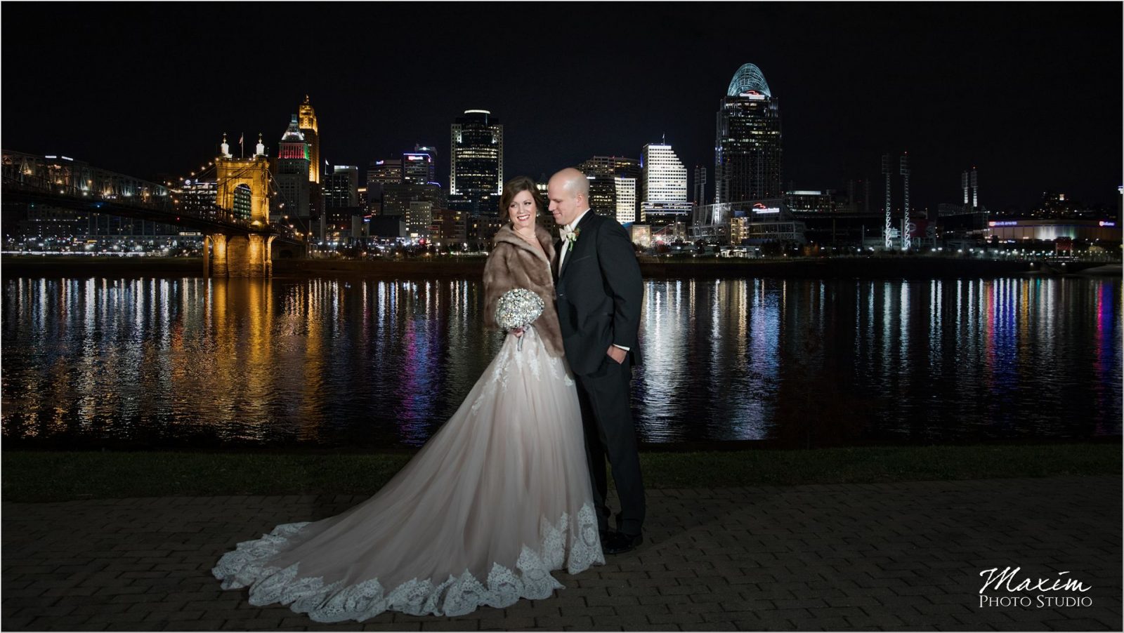 Bride groom Cincinnati wedding ohio river Roebling bridge