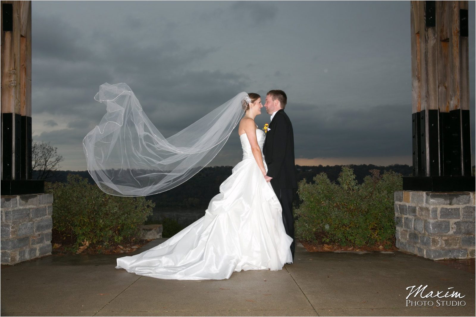 Cincinnati Wedding Photographers Alms Park Bride groom wind