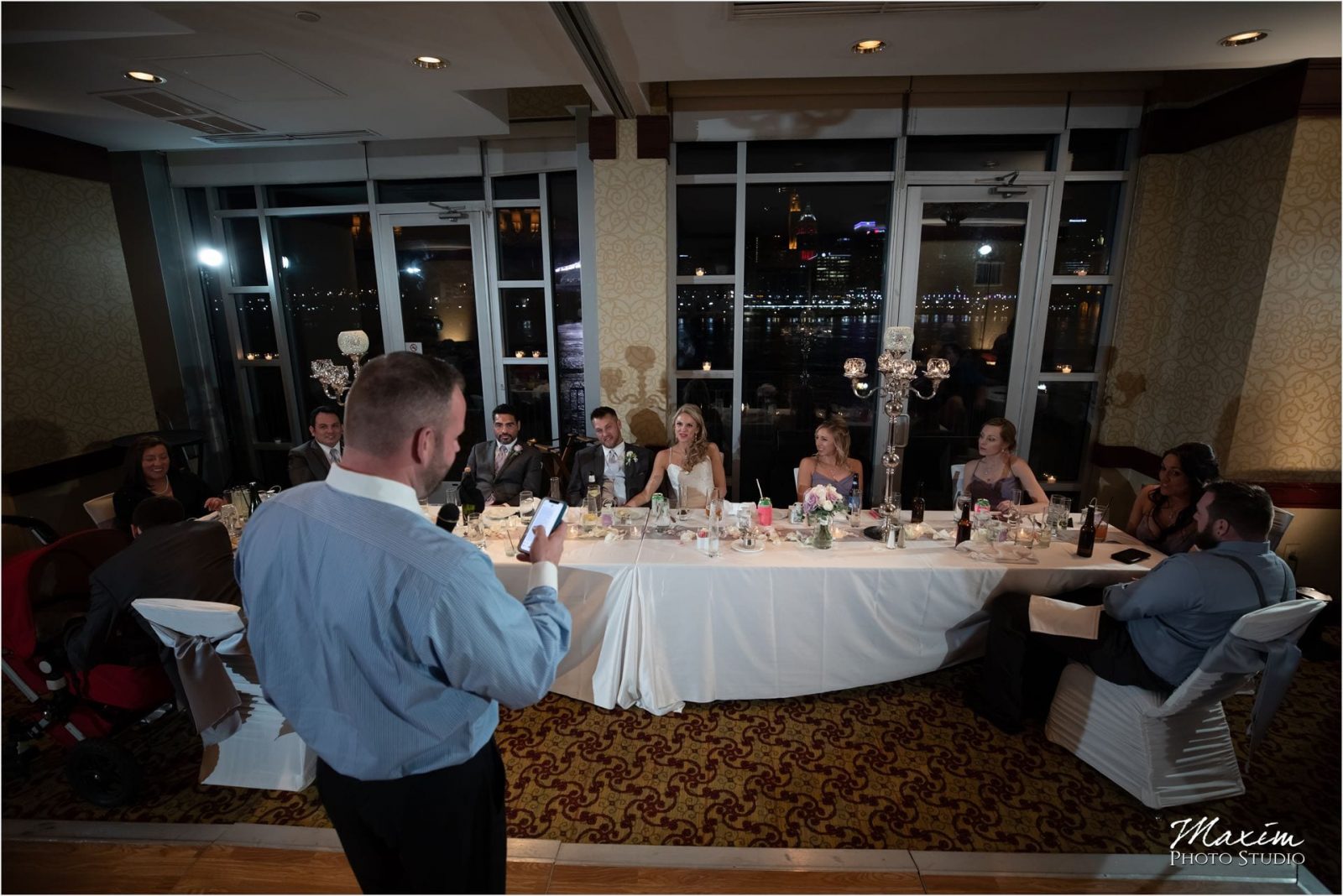 Cincinnati Marriott Rivercenter, Covington Wedding, Cincinnati skyline, Wedding Reception, Bridal Party Toasts