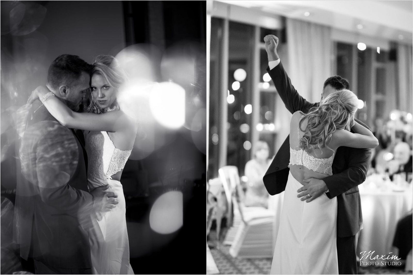 Cincinnati Marriott Rivercenter, Covington Wedding, Cincinnati skyline, Wedding Reception, Bride groom first dance, black and white