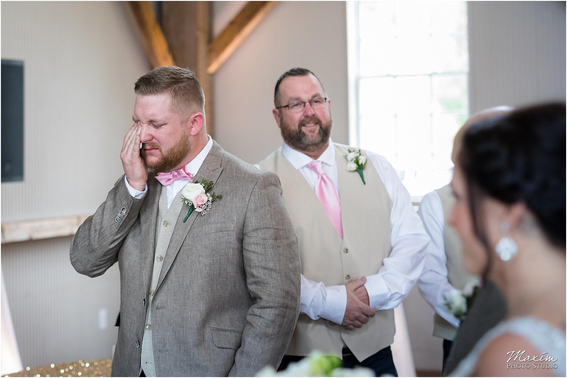 Muhlhauser Barn Wedding Ceremony groom crying
