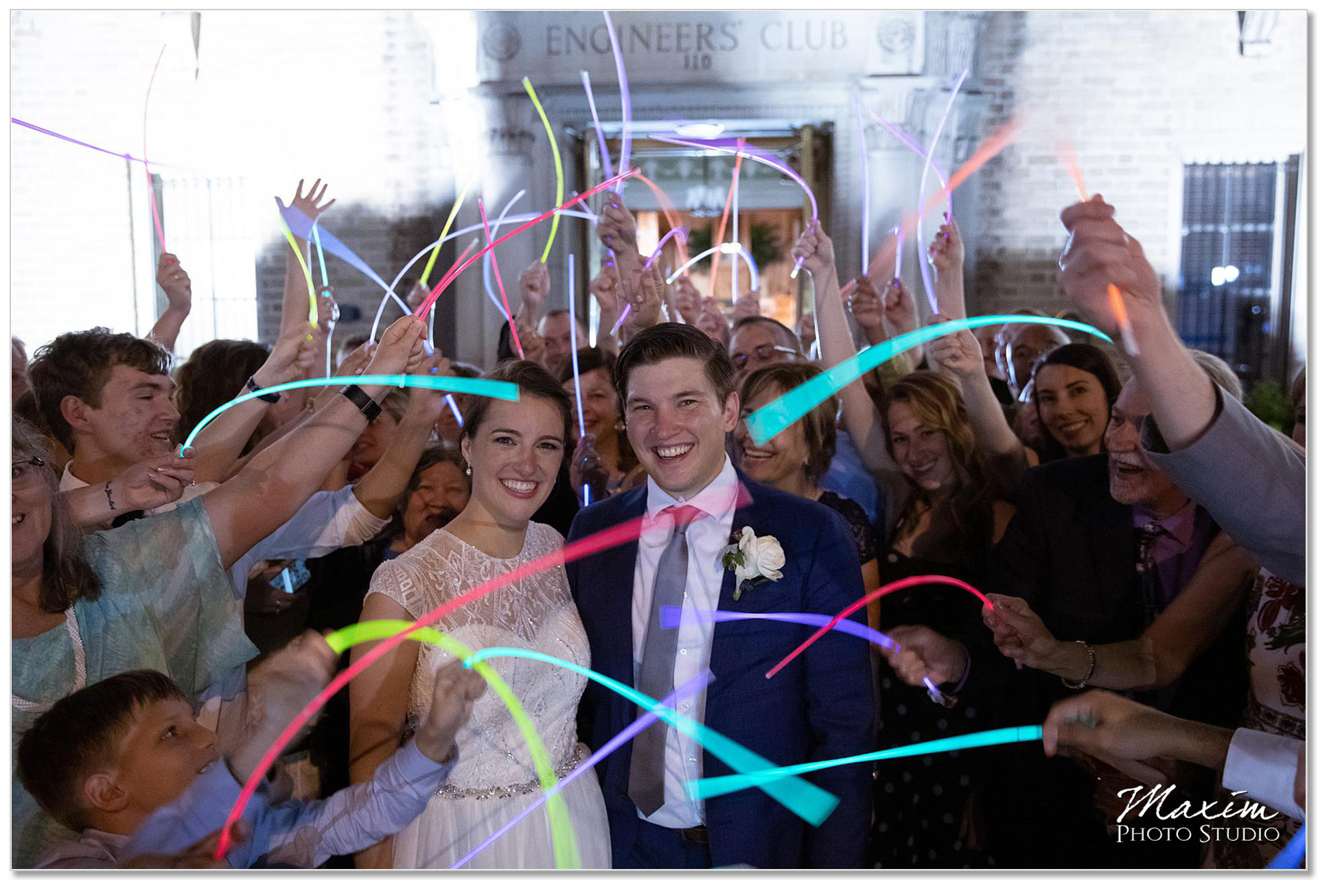 Engineers Club Wedding reception glowsticks exit