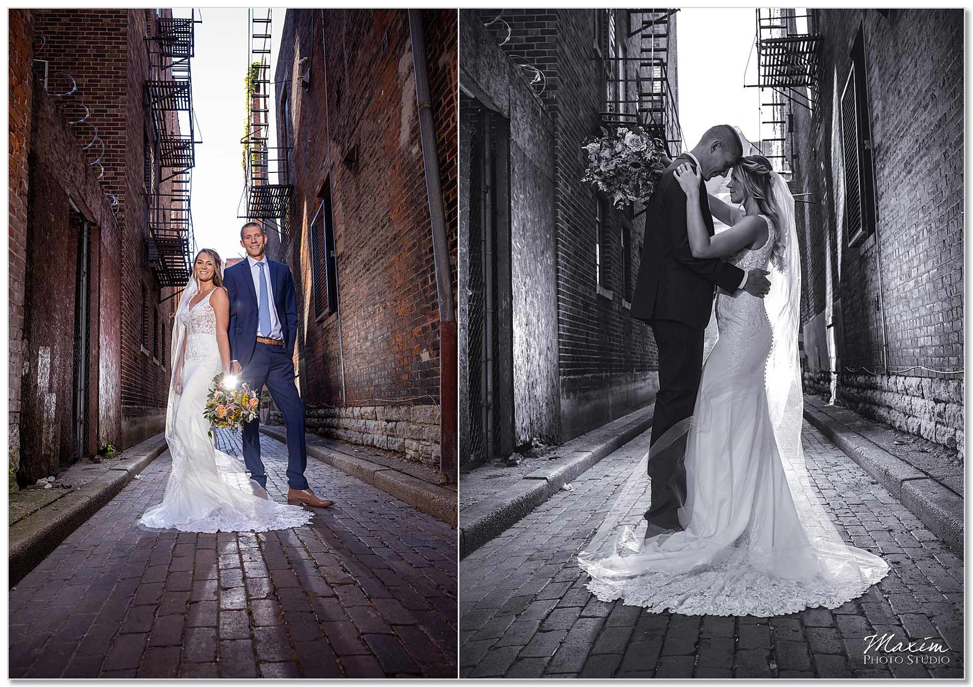 Downtown Cincinnati Wedding alley bride groom