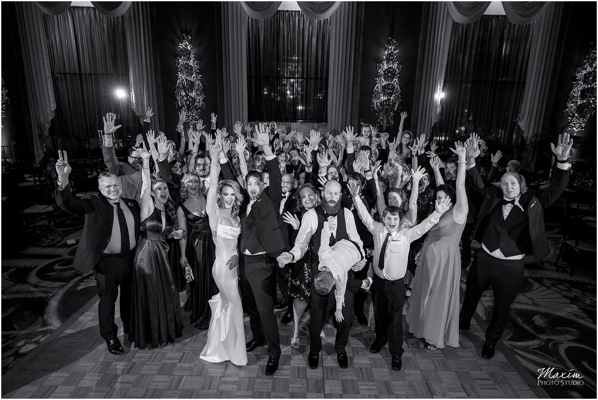 Party Pleasers Continental Room Hilton Netherland Plaza wedding reception Group photo