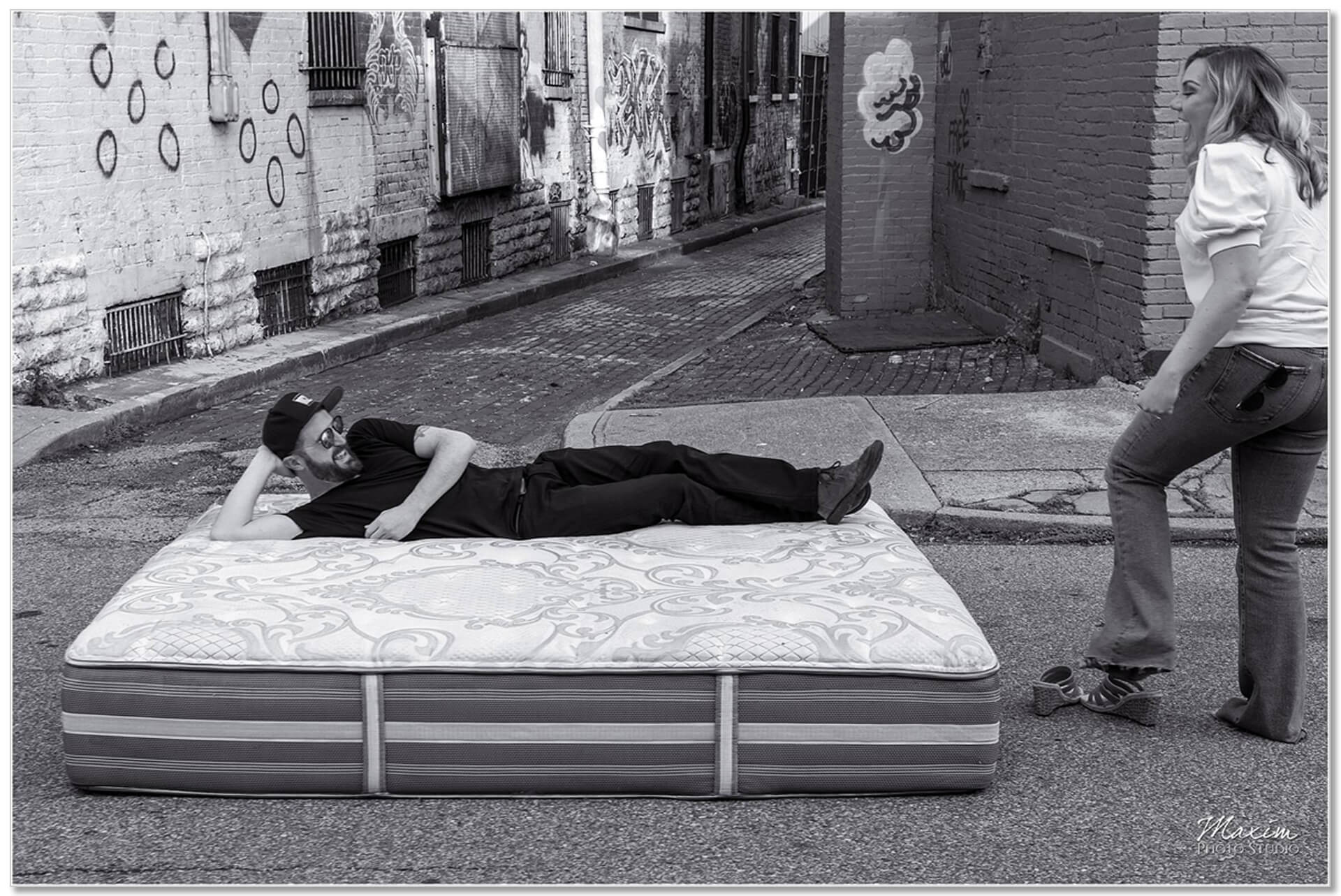 Irreverent Cincinnati mattress engagement picture