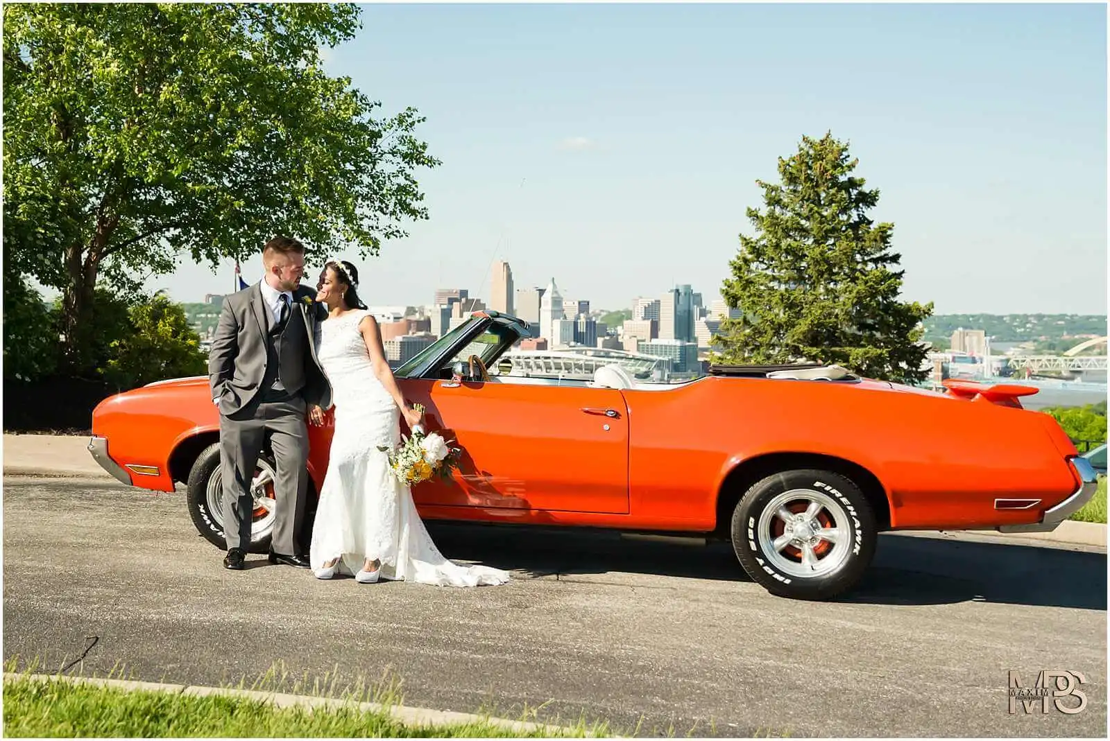 Drees Pavilion Wedding Photography first look bride groom Cincinnati skyliine
