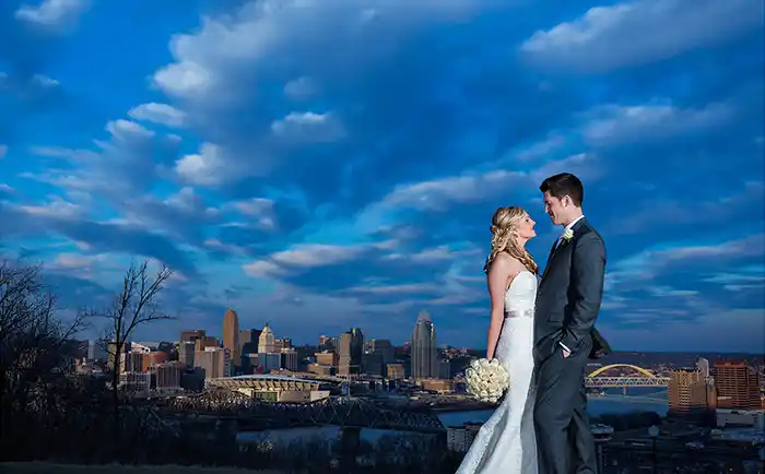 Cincinnati Wedding Photographers Skyline bride groom