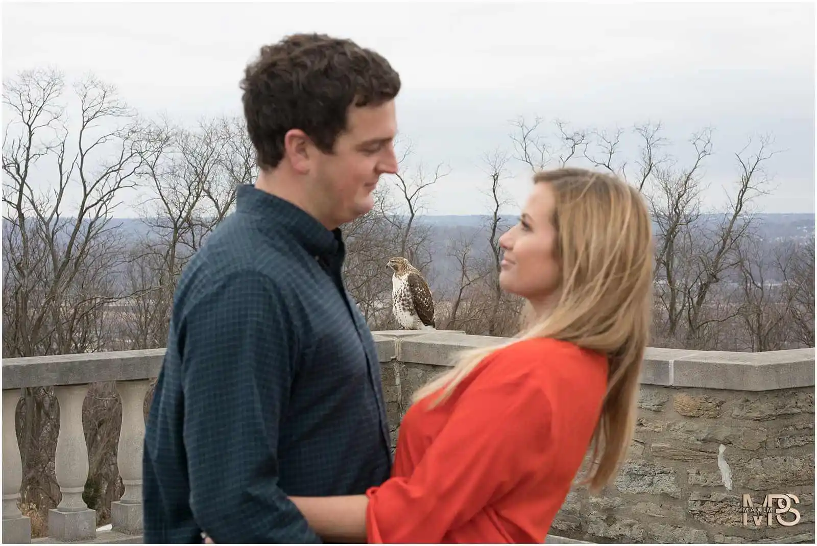 Couple And Hawk On Balcony Ault Park Cincinnati Engagement Pt