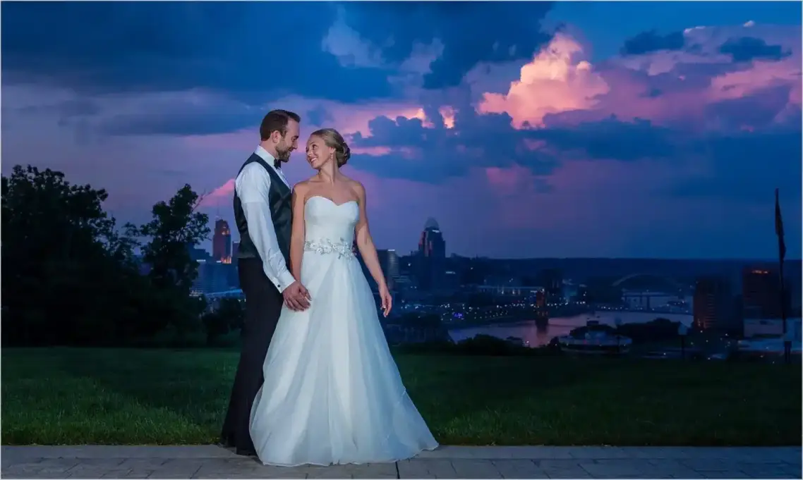 Drees Pavilion Wedding Ceremony Reception, Cincinnati skyline wedding picture bride groom
