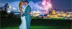 Drees Pavilion Reds Fireworks Friday Cincinnati skyline wedding couple